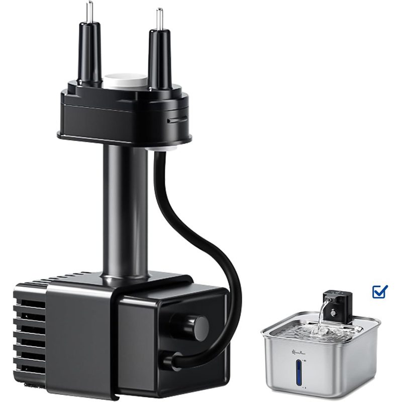 Detachable water pump from a cordless cat fountain shown disassembled for tool-free cleaning