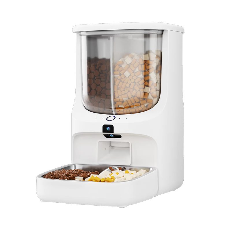 Automatic cat feeder with visible food storage and dual bowls for multi-pet households