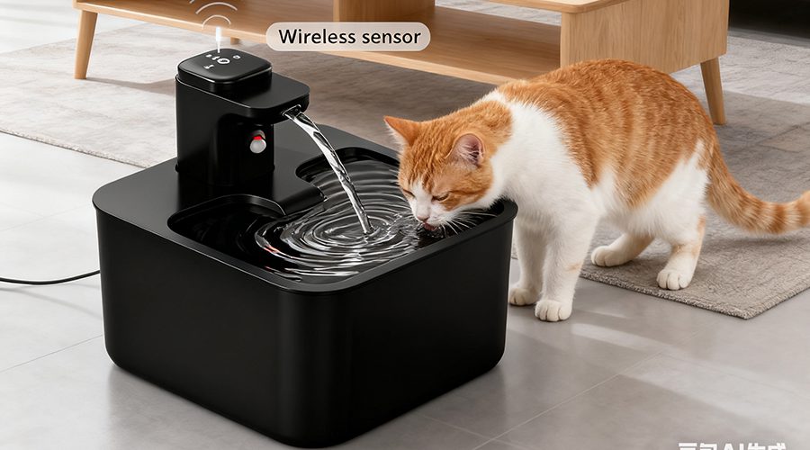 Cat approaching a water fountain cautiously and refusing to drink, a behavioral sign linked to biofilm buildup and chin acne triggers